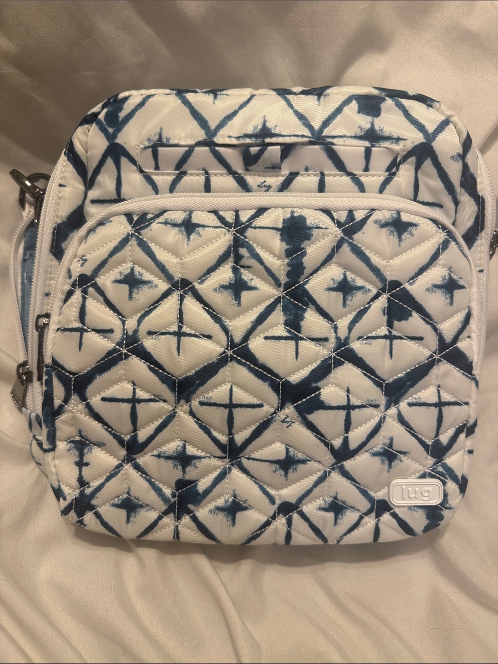 lug Quilted Crossbody Bag in White & Blue Tie-Dye Pattern